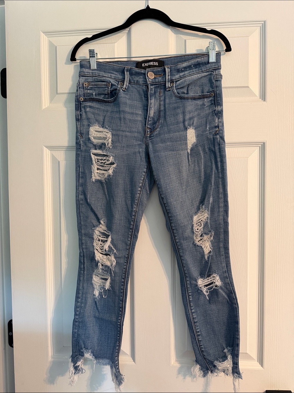 Express Women's Skinny Ripped Jeans in Light Blue Wash